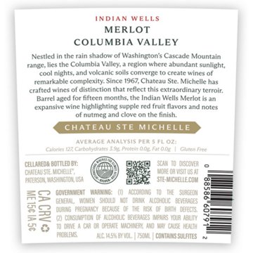 Chateau Ste. Michelle Indian Wells Merlot Washington Red Wine, 750 mL