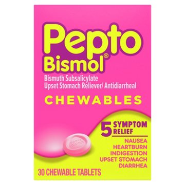 Pepto-Bismol Chewable Tablets for Nausea, Heartburn, Indigestion, Upset Stomach, & Diarrhea - 5 Symptom Fast Relief, Original Flavor