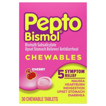 Pepto-Bismol Chewable Tablets for Nausea, Heartburn, Indigestion, Upset Stomach, & Diarrhea - 5 Symptom Fast Relief, Cherry Flavor