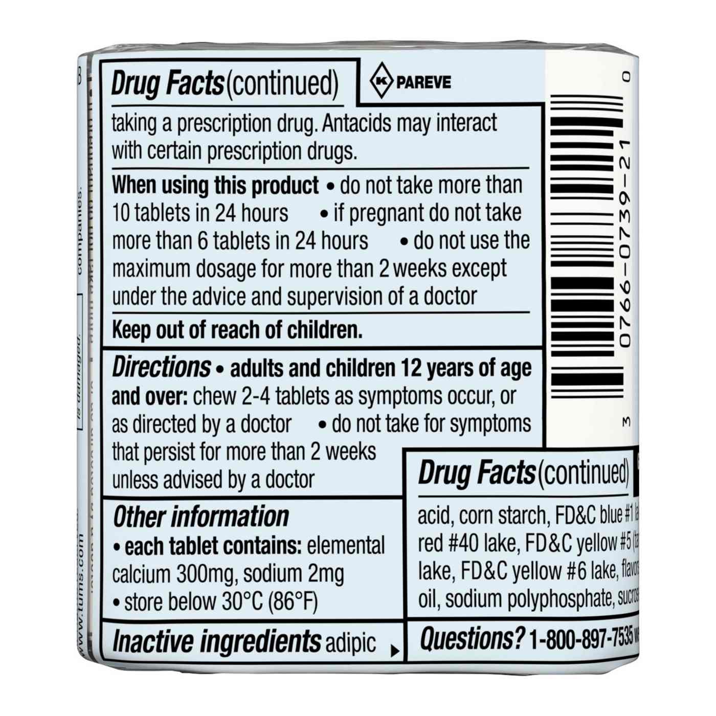 Tums Chewable Antacid Tablets for Extra Strength Heartburn Relief, Assorted Fruit Flavors - 8 Count Rolls (Pack of 3); image 5 of 6