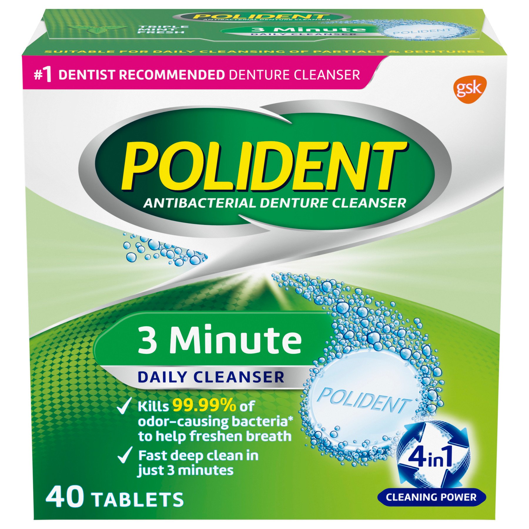 Polident 3 Minute Triple Mint Antibacterial Denture Cleanser