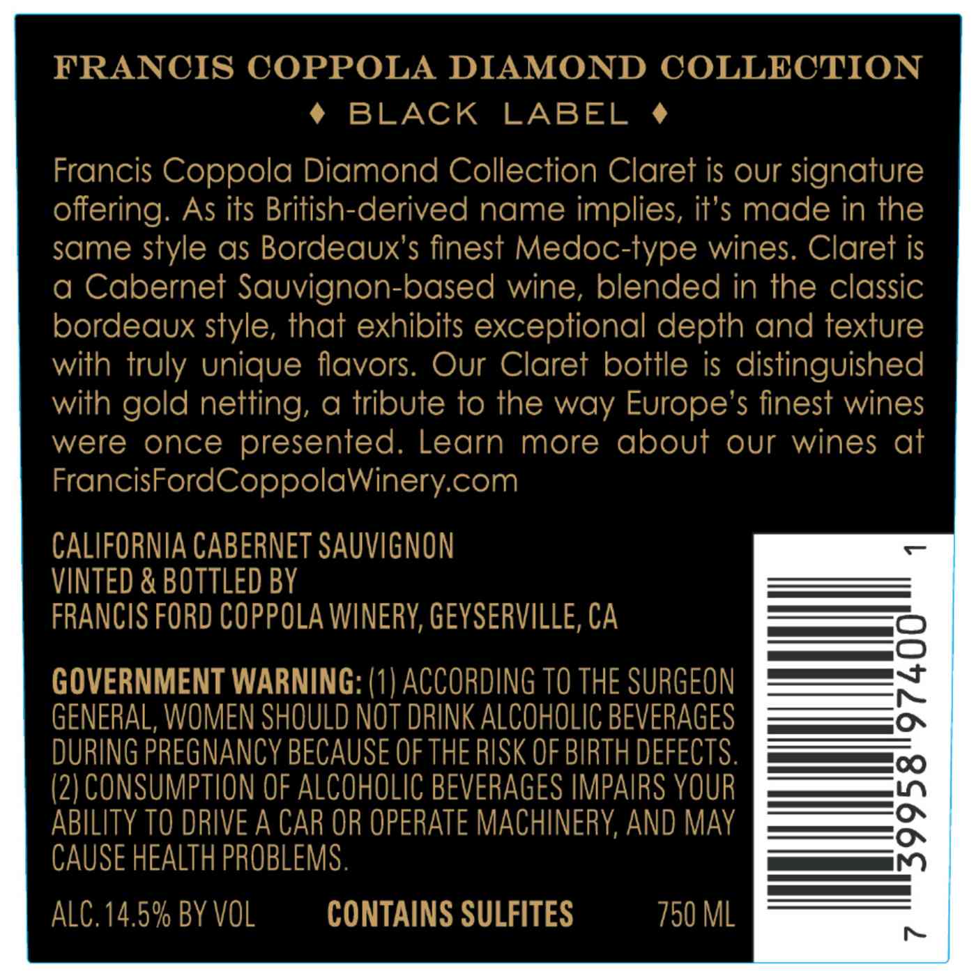 Francis Coppola Diamond Collection Claret Cabernet Sauvignon Red Wine; image 6 of 9