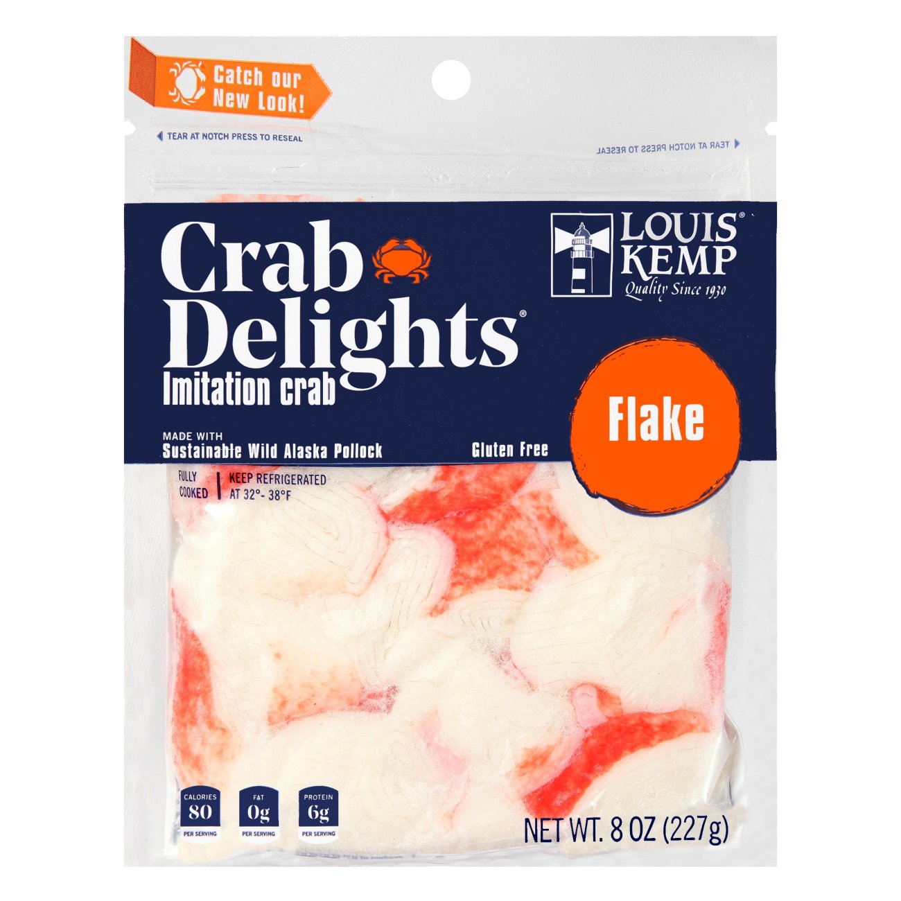 Louis Kemp Crab Delights® Flake (1 lb Pack)  Gluten free, 6g of protein  per serving, and now the best protein choice for the environment. Louis  Kemp Crab Delights® are a delicious