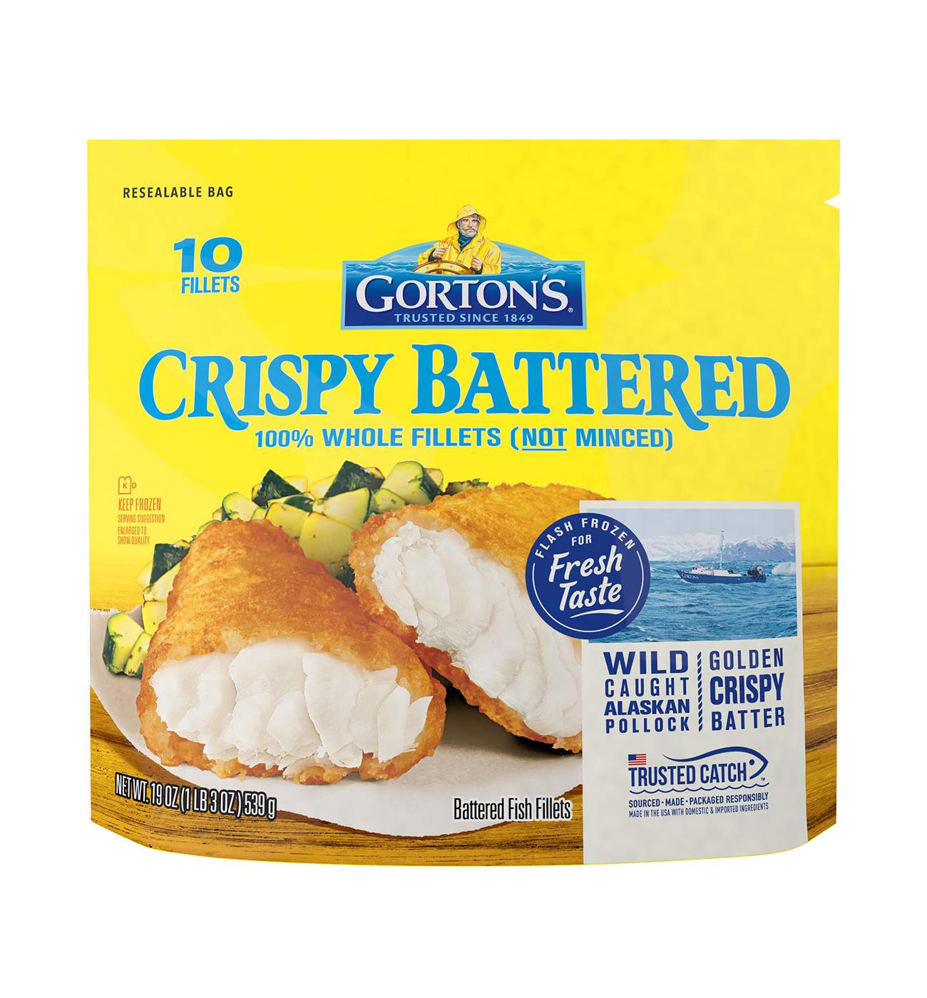 Gorton's Frozen Crispy Battered Whole Pollock Fish Fillets; image 1 of 4
