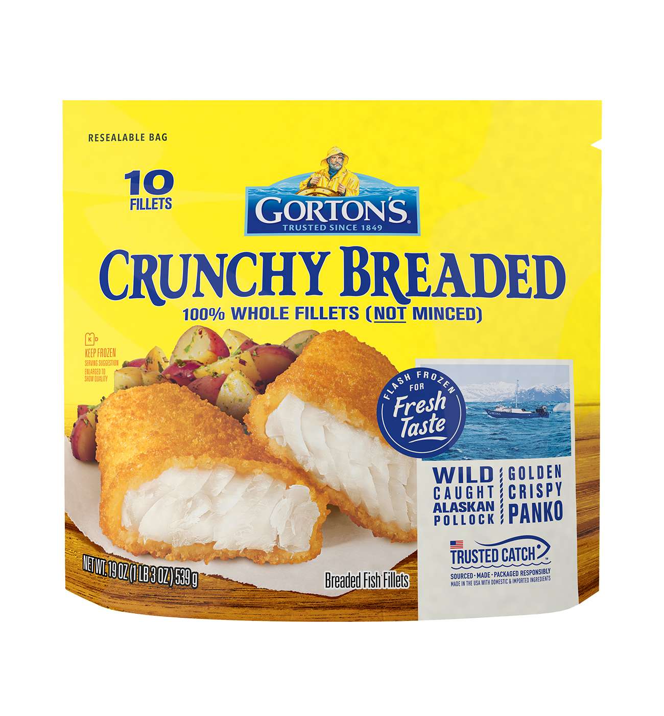 Gorton's Frozen Crunchy Breaded Whole Pollock Fish Fillets; image 1 of 6