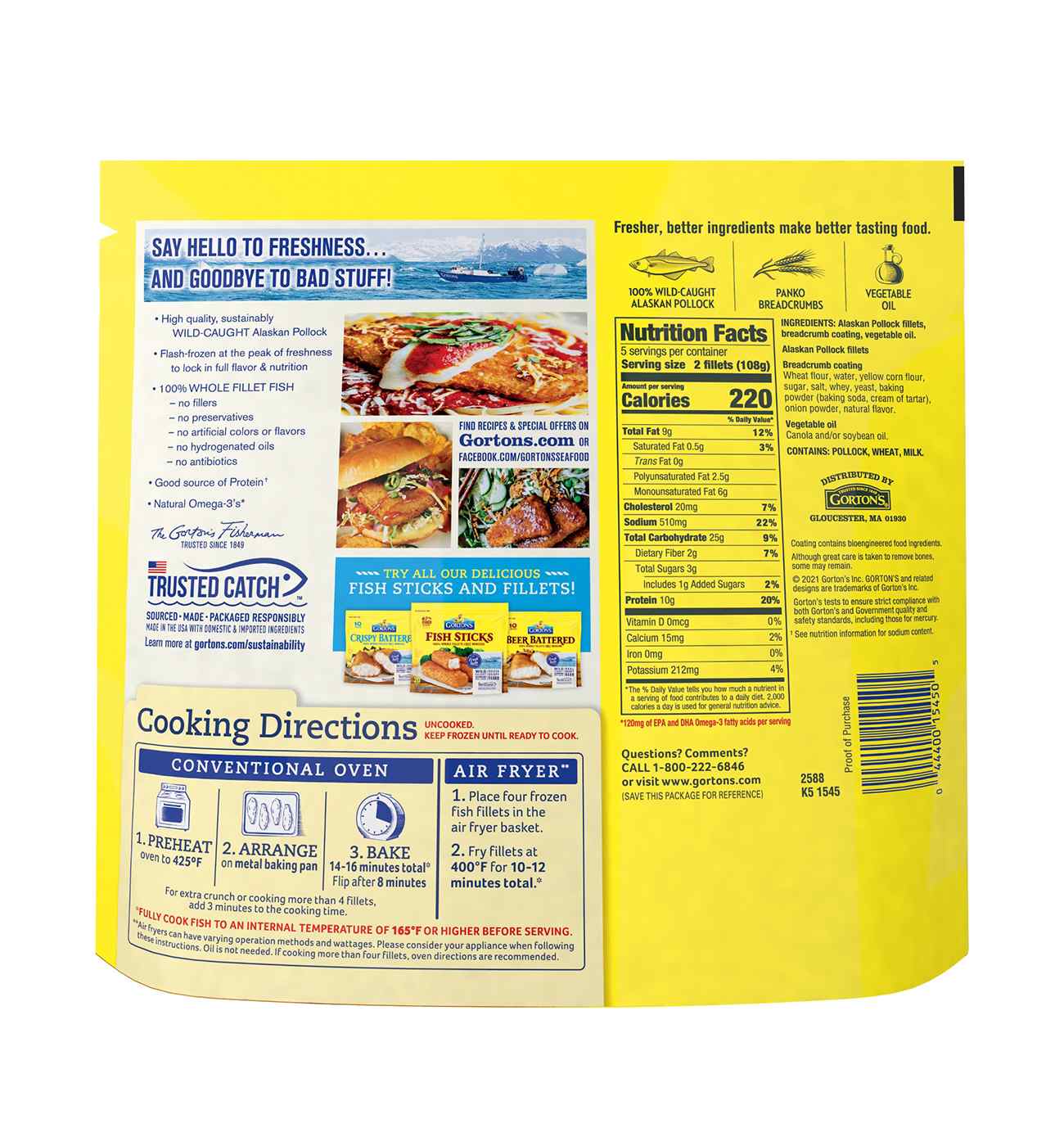 Gorton's Frozen Crunchy Breaded Whole Pollock Fish Fillets; image 2 of 6