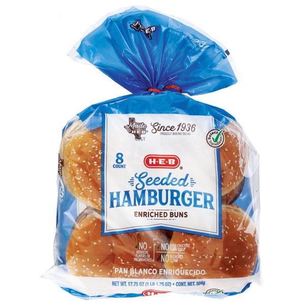 H-E-B Enriched Seeded Hamburger Buns, 8 ct