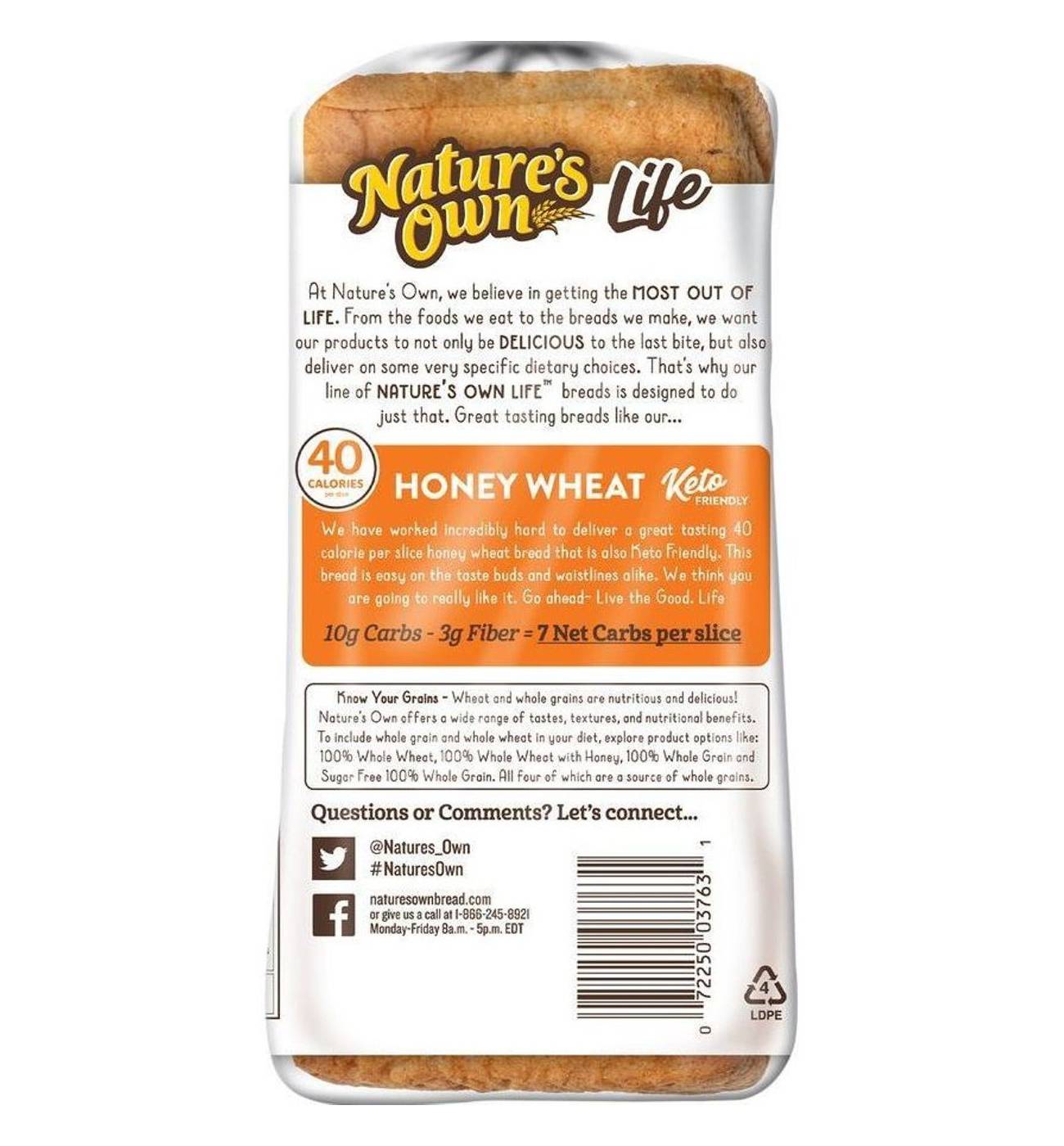 Nature's Own Life 40 Calorie Honey Wheat Sliced Bread; image 2 of 6