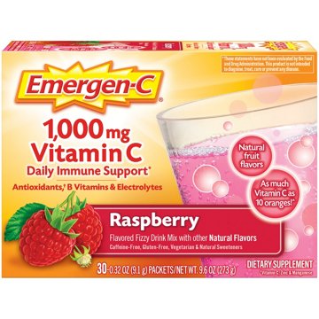 Emergen-C Vitamin C 1000mg Powder (Raspberry Flavor), With Antioxidants, B Vitamins and Electrolytes, Dietary Supplement Fizzy Drink Mix, Caffeine Free, 30 ct