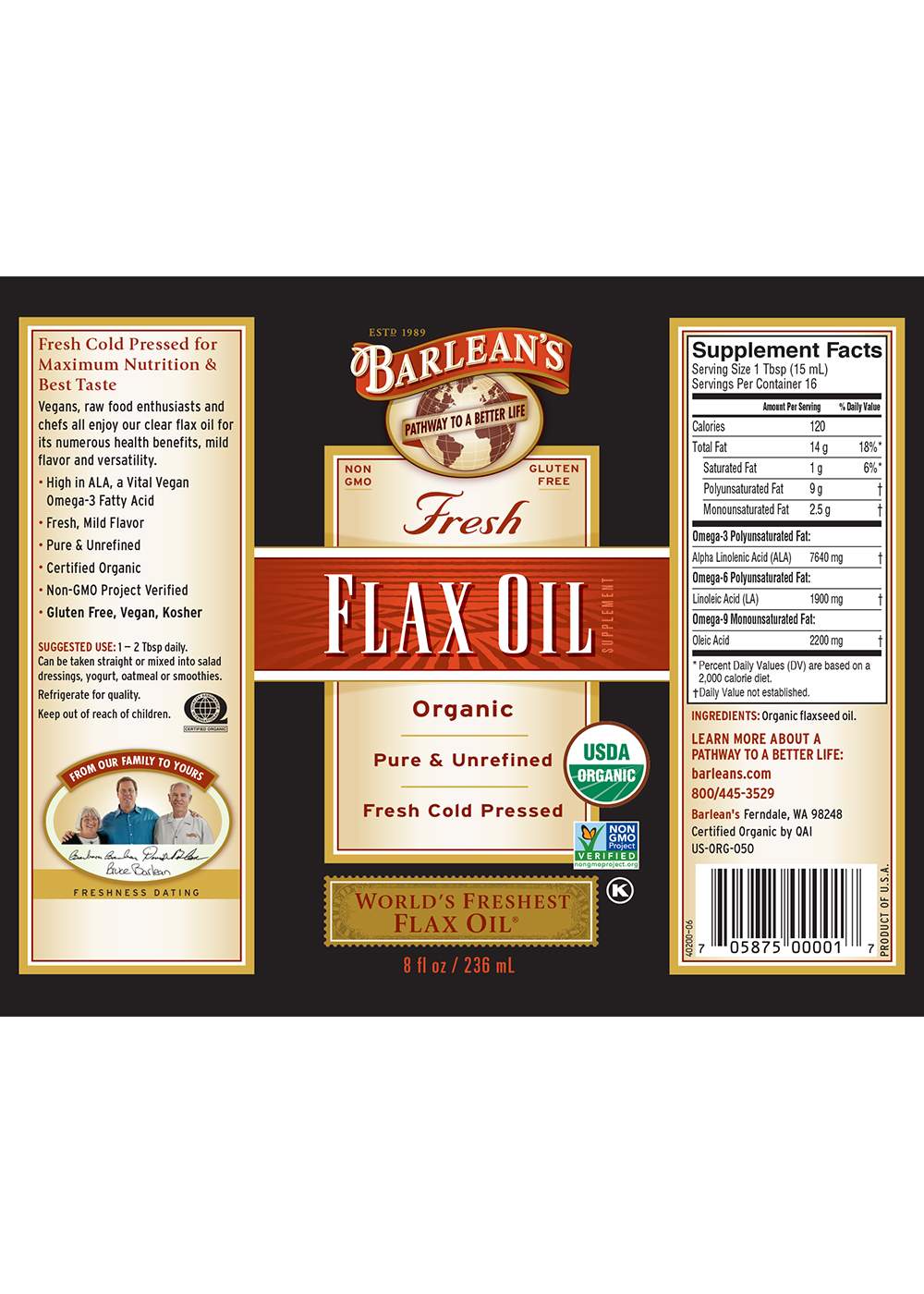 Barlean's Organic Flax Oil; image 2 of 2