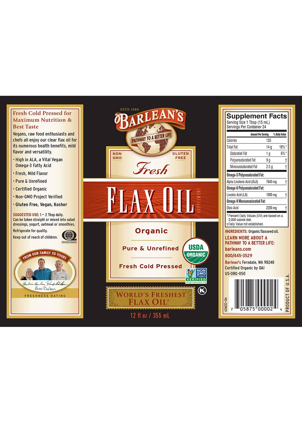 Barlean's Organic Flax Oil; image 3 of 3