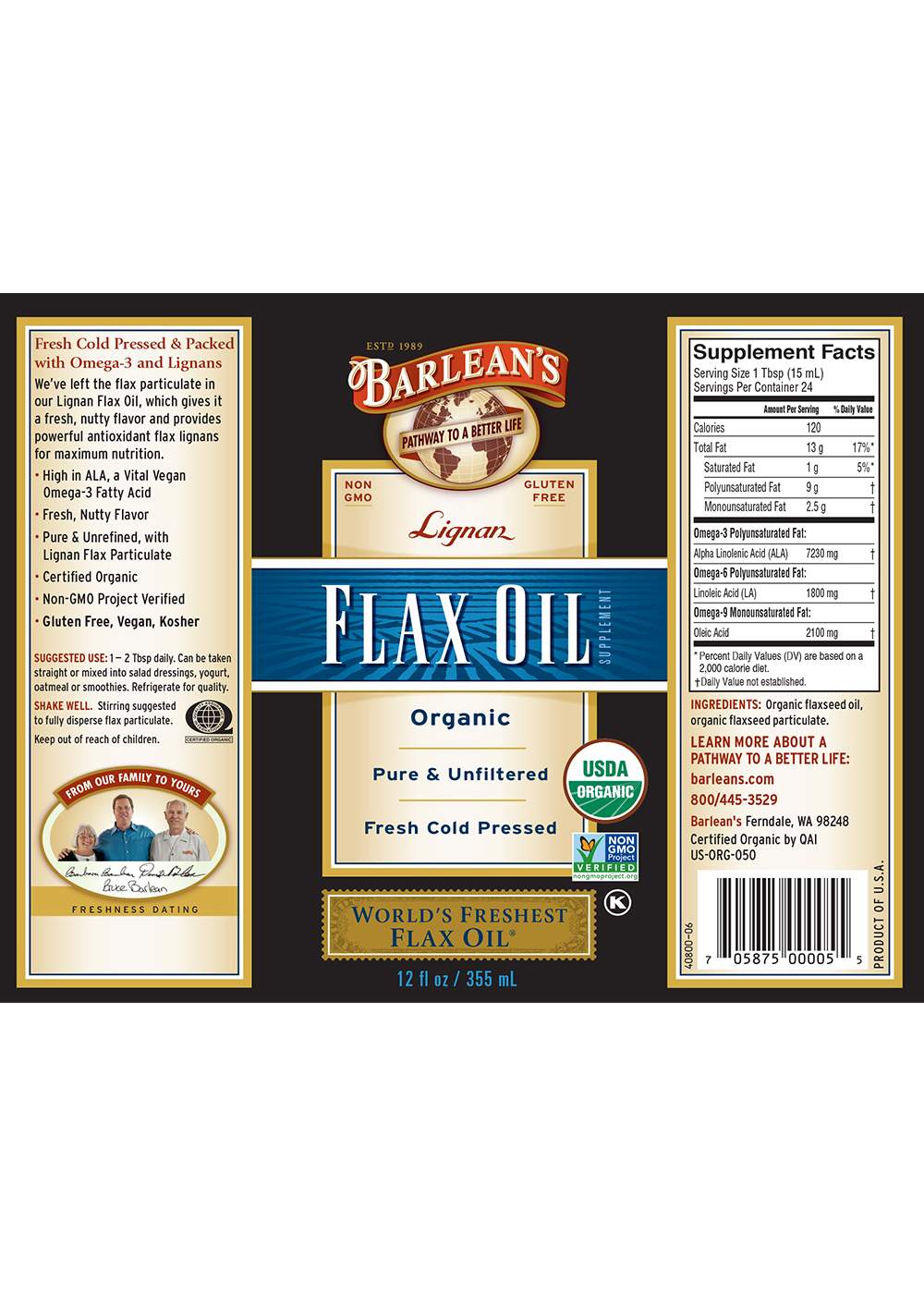 Barlean's Organic Lignan Flax Oil; image 3 of 3