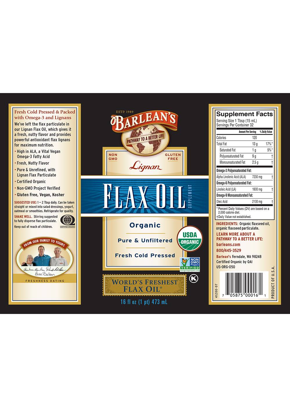 Barlean's Organic Lignan Flax Oil; image 3 of 3