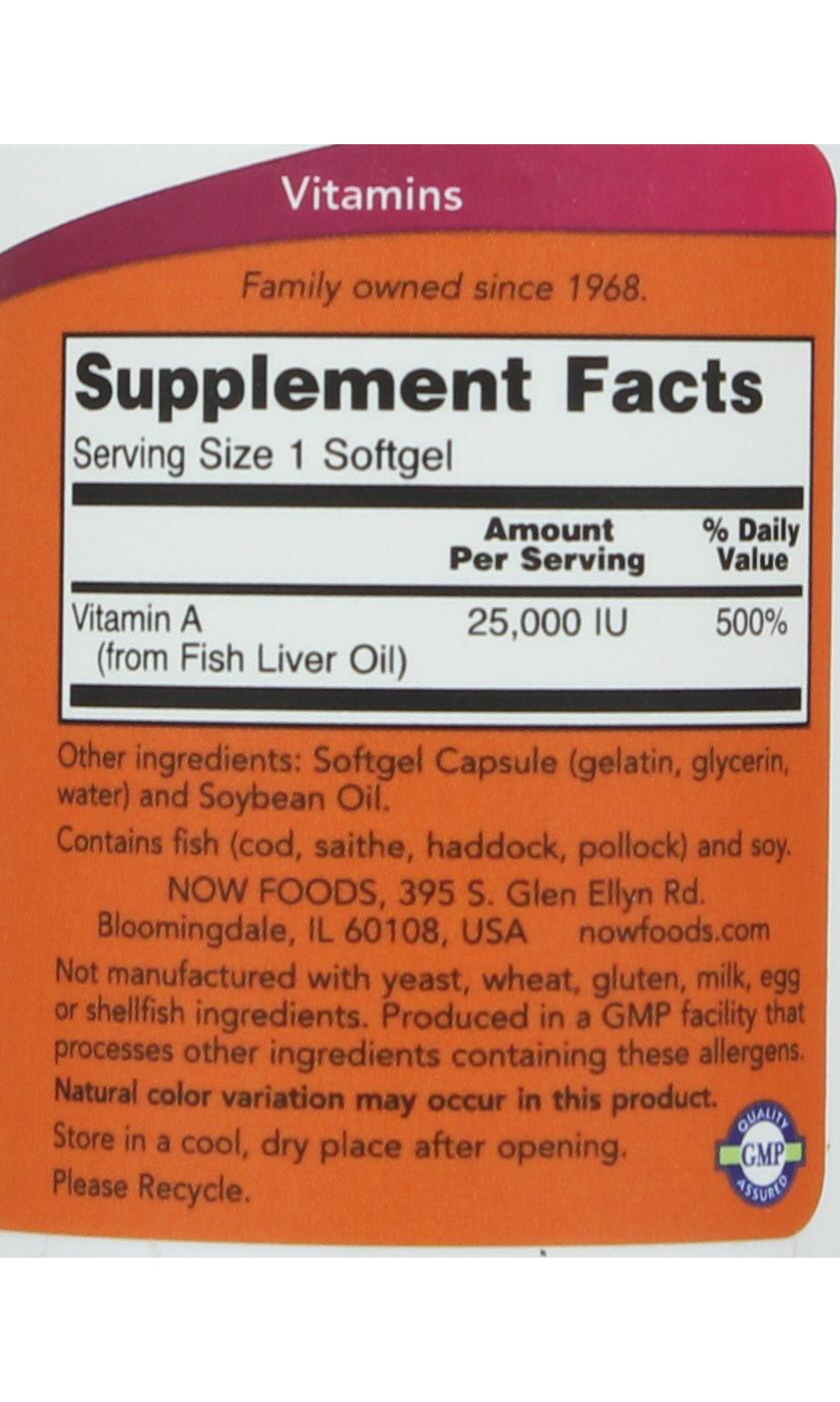 NOW Vitamin A 25,000 IU Softgels; image 2 of 2