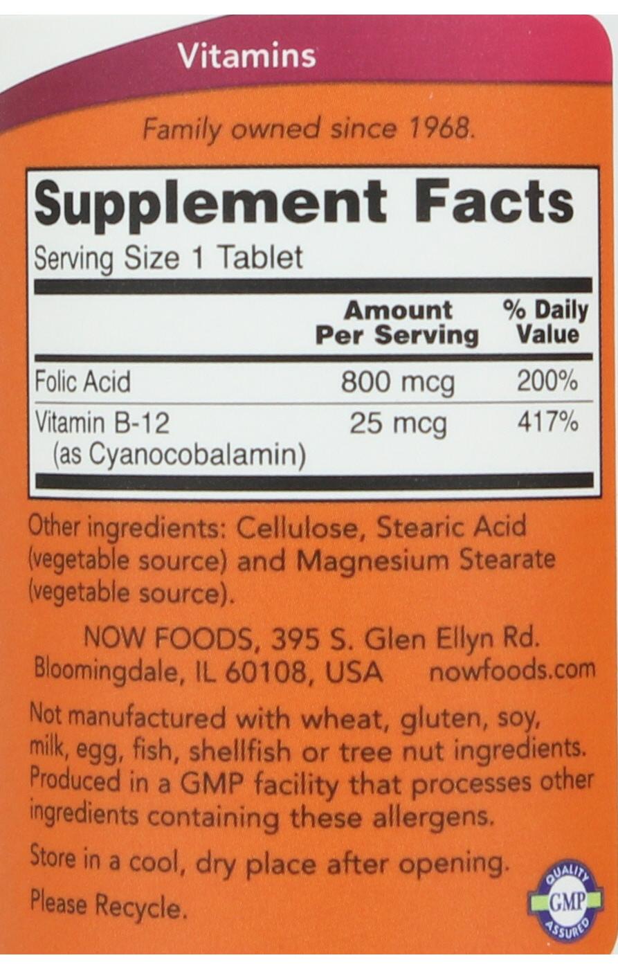 NOW Folic Acid 800 mcg with Vitamin B-12 Tablets; image 2 of 2