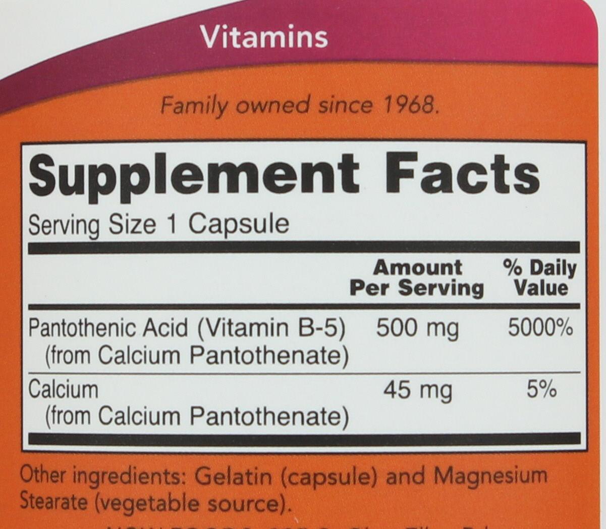 NOW Pantothenic Acid 500 mg Capsules; image 2 of 2