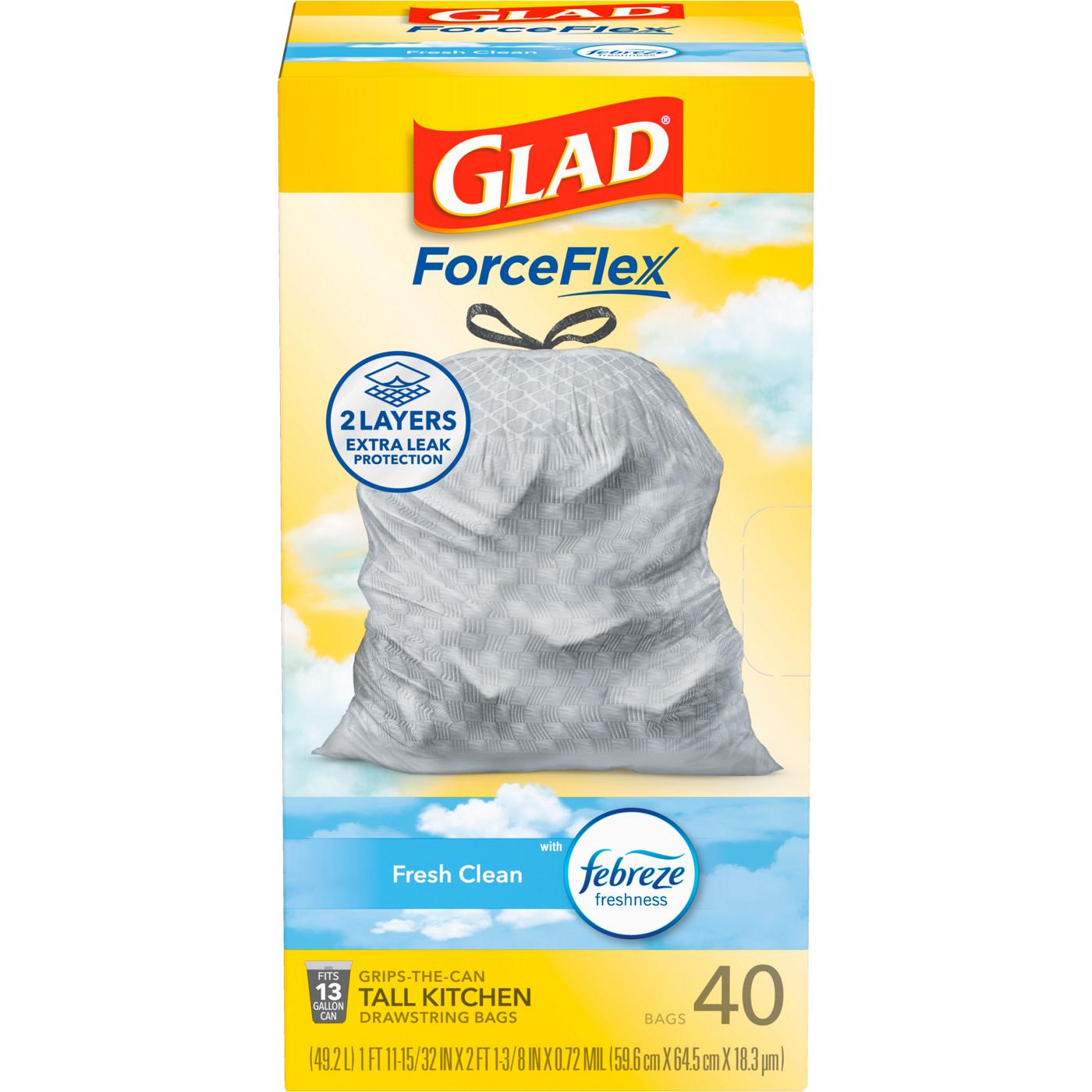 Glad ForceFlex Tall Kitchen Drawstring Trash Bags, 13 Gallon - Fresh Clean Scent with Febreeze Freshness; image 1 of 9