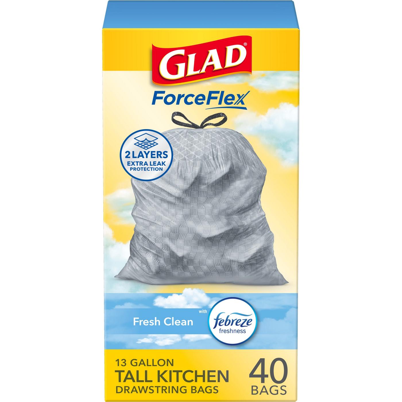 Glad ForceFlex Tall Kitchen Drawstring Trash Bags, 13 Gallon - Fresh Clean Scent with Febreze Freshness; image 1 of 15
