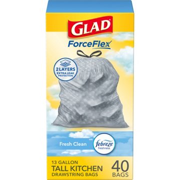 Glad ForceFlex Tall Kitchen Drawstring Trash Bags, 13 Gallon - Fresh Clean Scent with Febreze Freshness, 40 ct