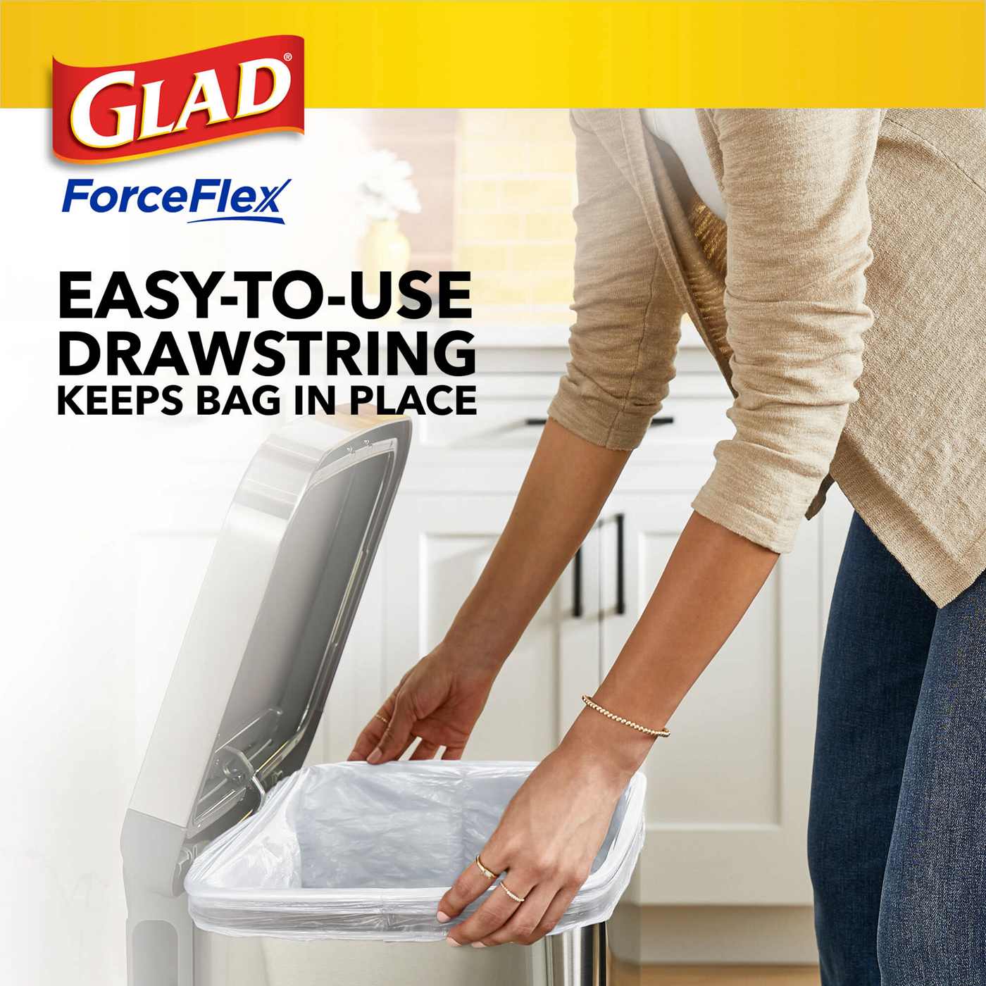 Glad ForceFlex Tall Kitchen Drawstring Trash Bags, 13 Gallon - Fresh Clean Scent with Febreeze Freshness; image 6 of 9