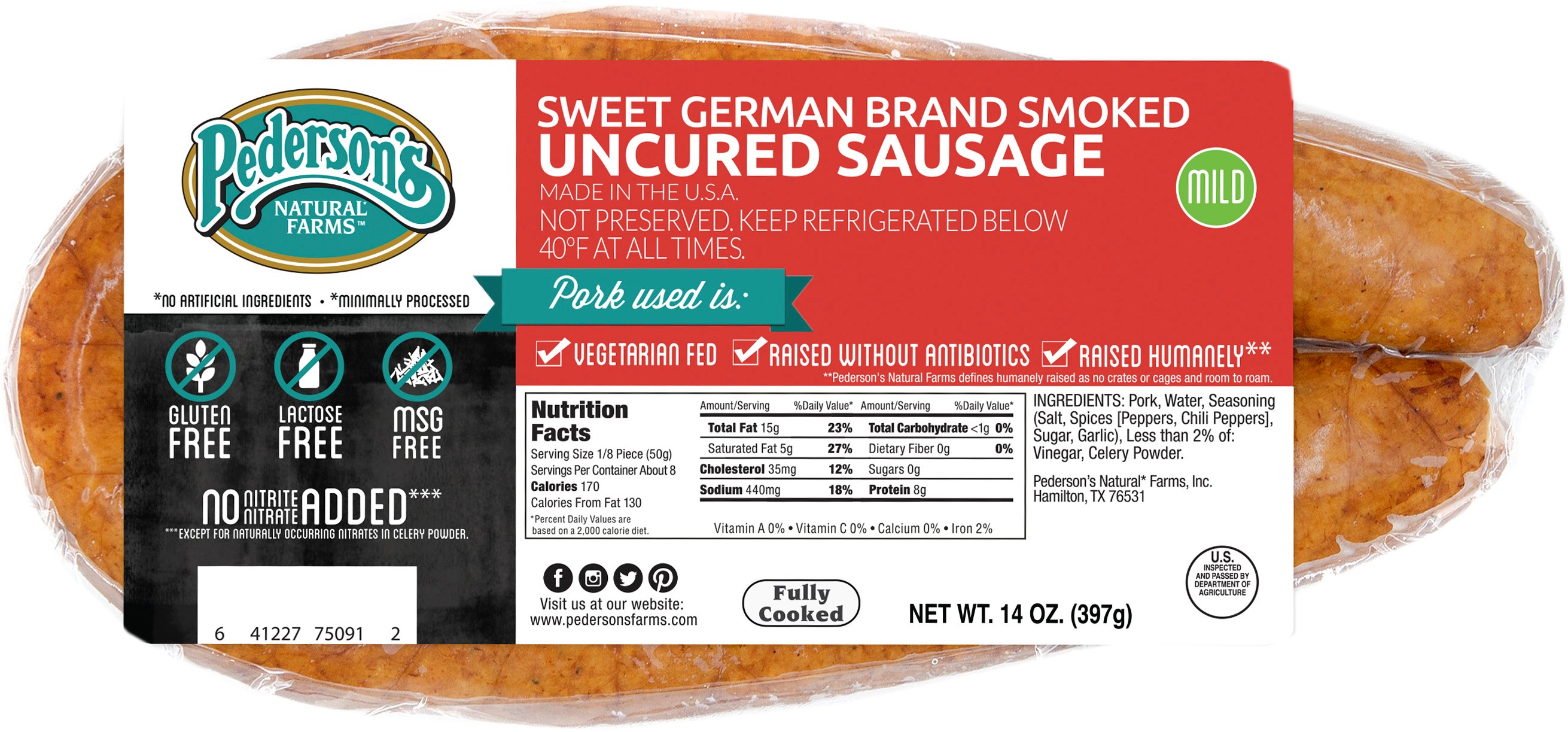 Pedersons Natural Farms Sweet German Brand Uncured Smoked Sausage