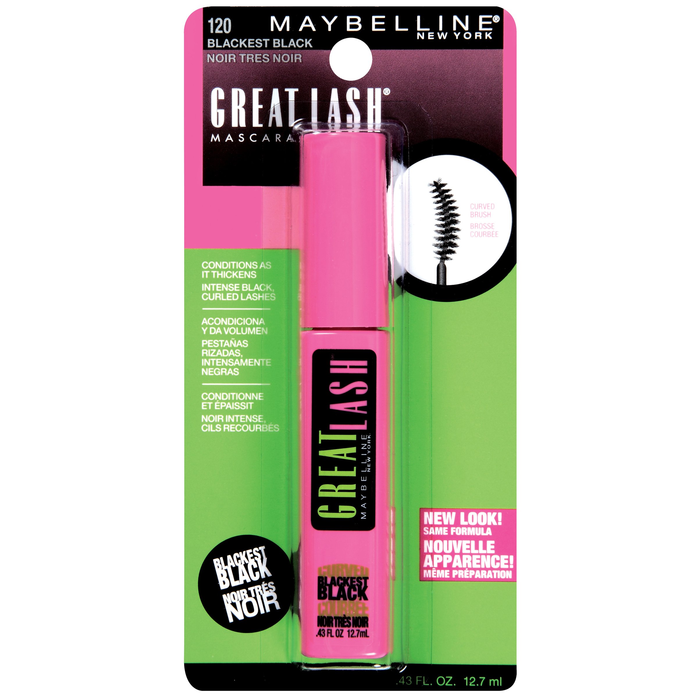 Maybelline Great Lash Curved Brush Washable Mascara, Blackest Black