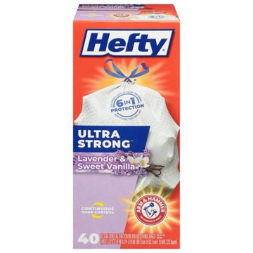 Hefty Ultra Strong Tall Kitchen Drawstring Trash Bags, 13 Gallon - Lavender & Sweet Vanilla Scent, 40 ct
