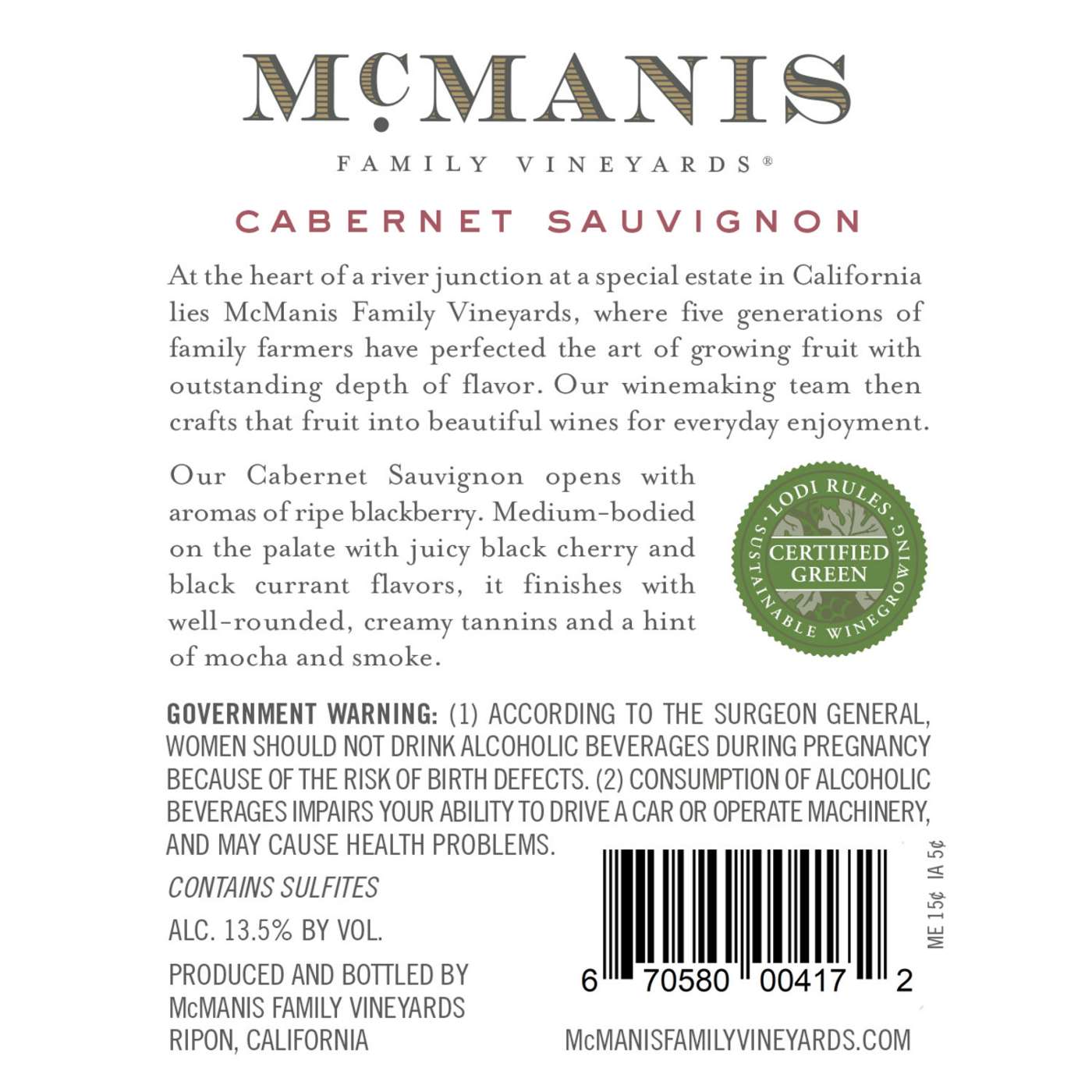 McManis Family Vineyards Cabernet Sauvignon Red Wine; image 3 of 4