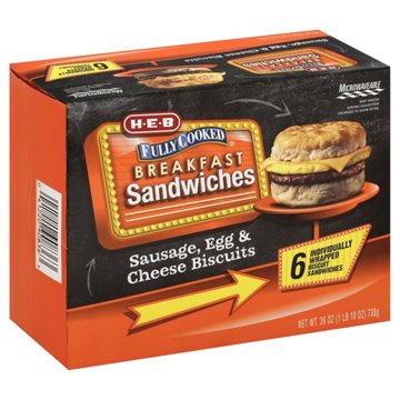 H-E-B Frozen Breakfast Biscuit Sandwiches - Sausage, Egg & Cheese, 6 ct