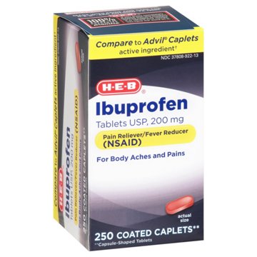 H-E-B Ibuprofen Fever & Pain Relief Coated Caplets – 200 mg, 250-ct