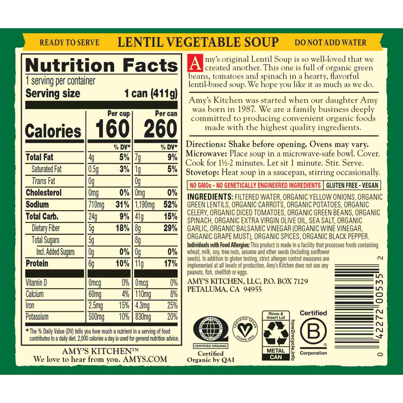 Amy's Organic Lentil Vegetable Soup; image 7 of 12