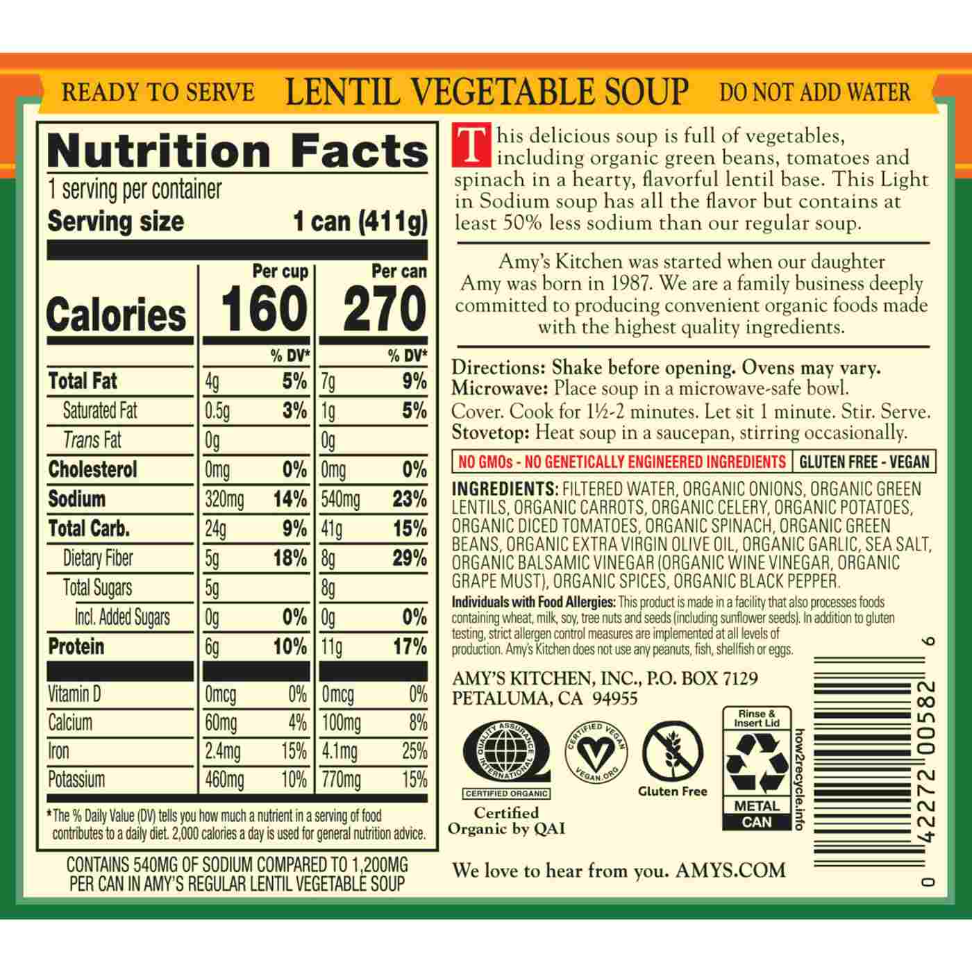 Amy's Organic Light in Sodium Lentil Vegetable Soup; image 11 of 12