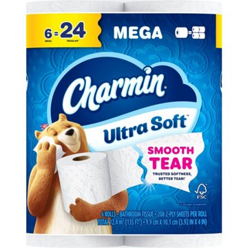 Charmin Toilet Paper Ultra Soft, 2-ply Bath Tissue, 6 Mega Rolls