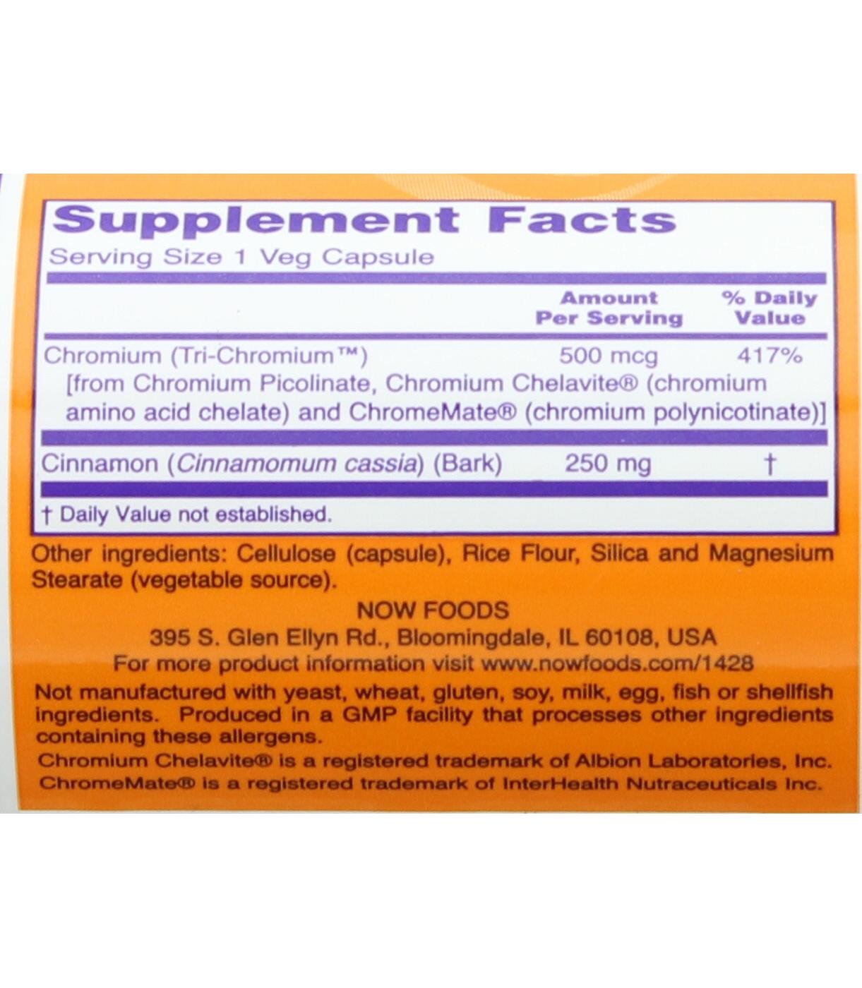 NOW Tri-Chromium 500 mcg Veg Capsules; image 2 of 2