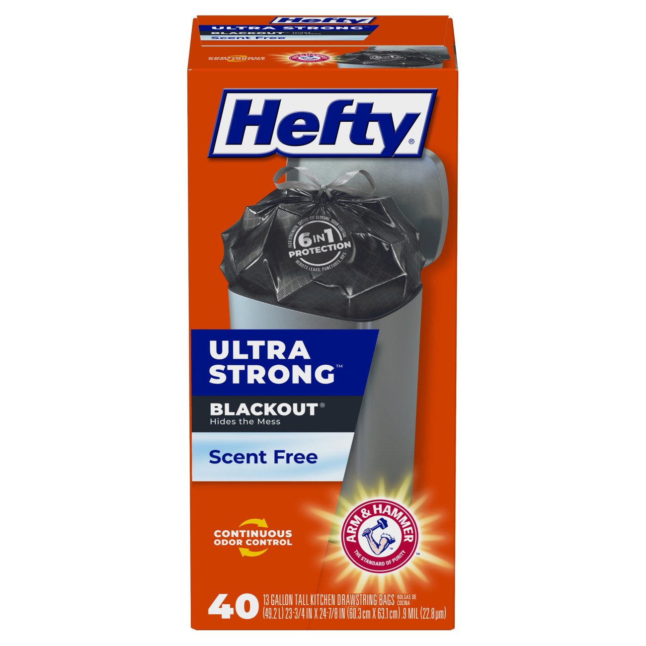 Hefty Ultra Strong Tall Kitchen Trash Bags, Blackout, Unscented, 13 Gallon,  40 Count