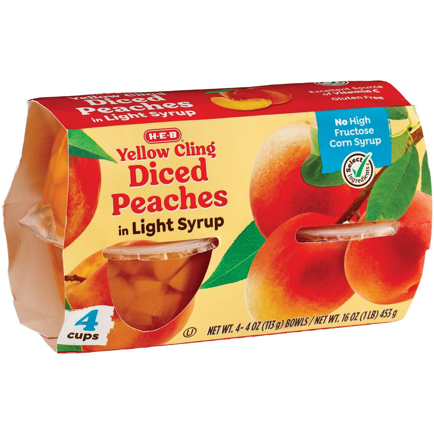 H-E-B Yellow Cling Diced Peaches in Fruit Juice Snack Bowls; image 1 of 3