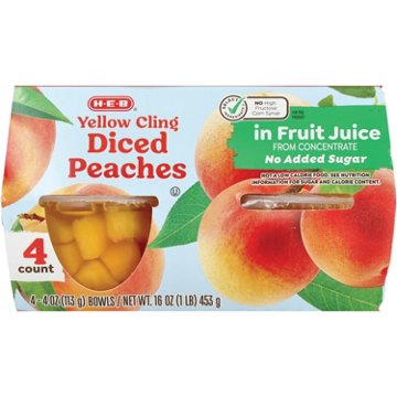 H-E-B Yellow Cling Diced Peaches in Fruit Juice Snack Bowls, 4 ct