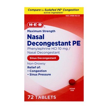 H-E-B Maximum Strength Nasal Decongestant PE Tablets, 72 ct