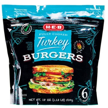 H-E-B Fully Cooked Frozen Turkey Burgers, 6 ct