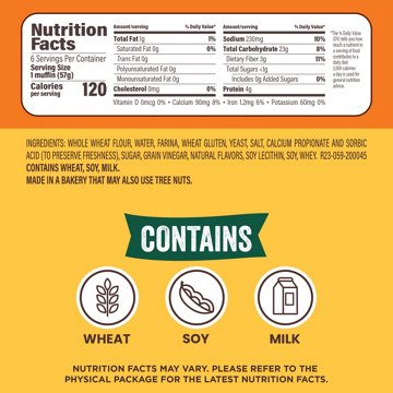 Thomas' 100% Whole Wheat English Muffins, 6 ct