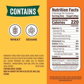 Thomas' 100% Whole Wheat Bagels, 6 ct