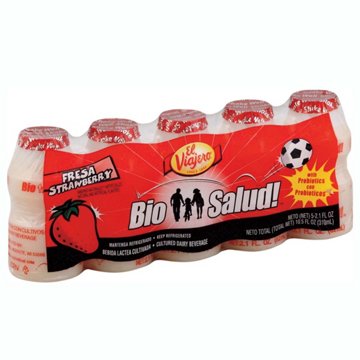 El Viajero Bio Salud! Cultured Dairy Beverage 2.1 oz Bottles - Fresa Strawberry, 5 ct