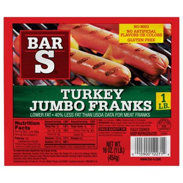 Bar S Turkey Jumbo Franks Hot Dogs, 8 ct