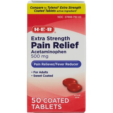 H-E-B Pain Relief Extra Strength Acetaminophen 500 Mg Easy Tabs Tablets, 50 ct