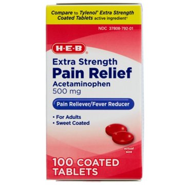 H-E-B Extra Strength Pain Relief Acetaminophen Coated Tablets - 500 mg, 100 ct