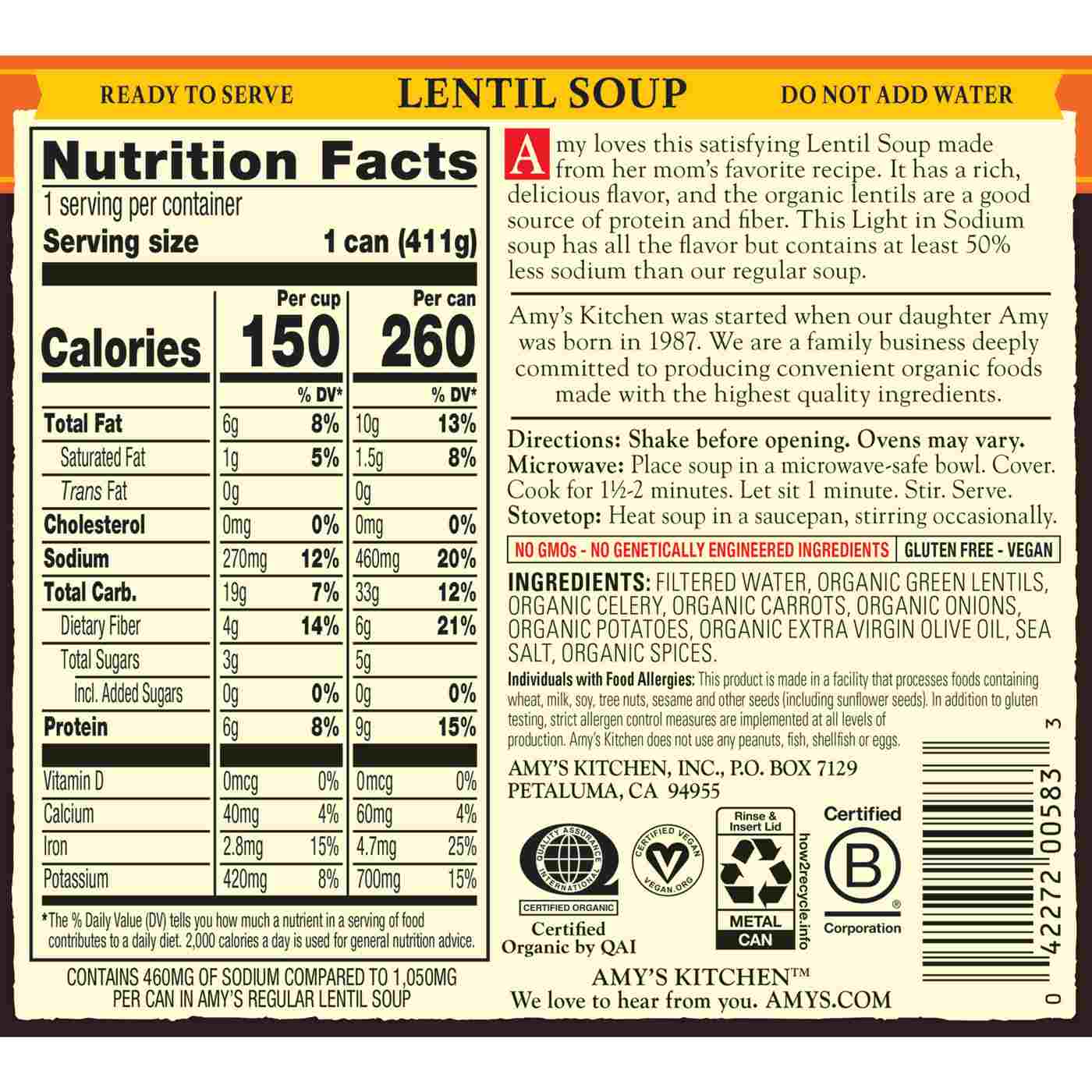 Amy's Organic Light in Sodium Lentil Soup; image 9 of 12