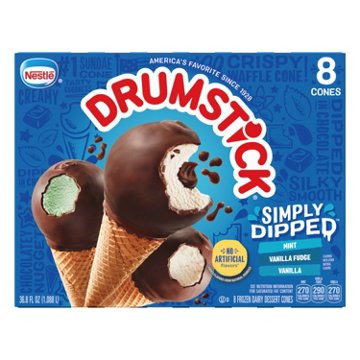 Nestle Drumstick Simply Dipped Sundae Cones Variety Pack - Mint, Fudge & Vanilla, 8 ct