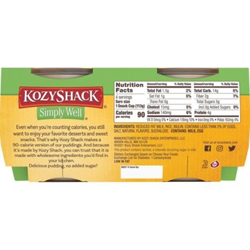 Kozy Shack Simply Well No Sugar Added Rice Pudding Snack Cups, 4 ct
