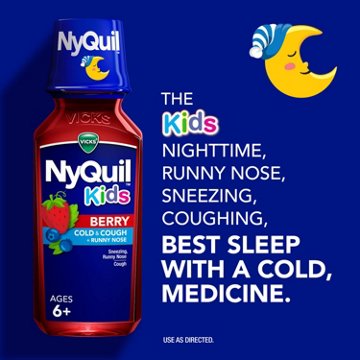 Vicks NyQuil Kids Cold & Cough + Runny Nose Relief Liquid, Multi-Symptom Nighttime Medicine, Berry Flavor, 8 oz