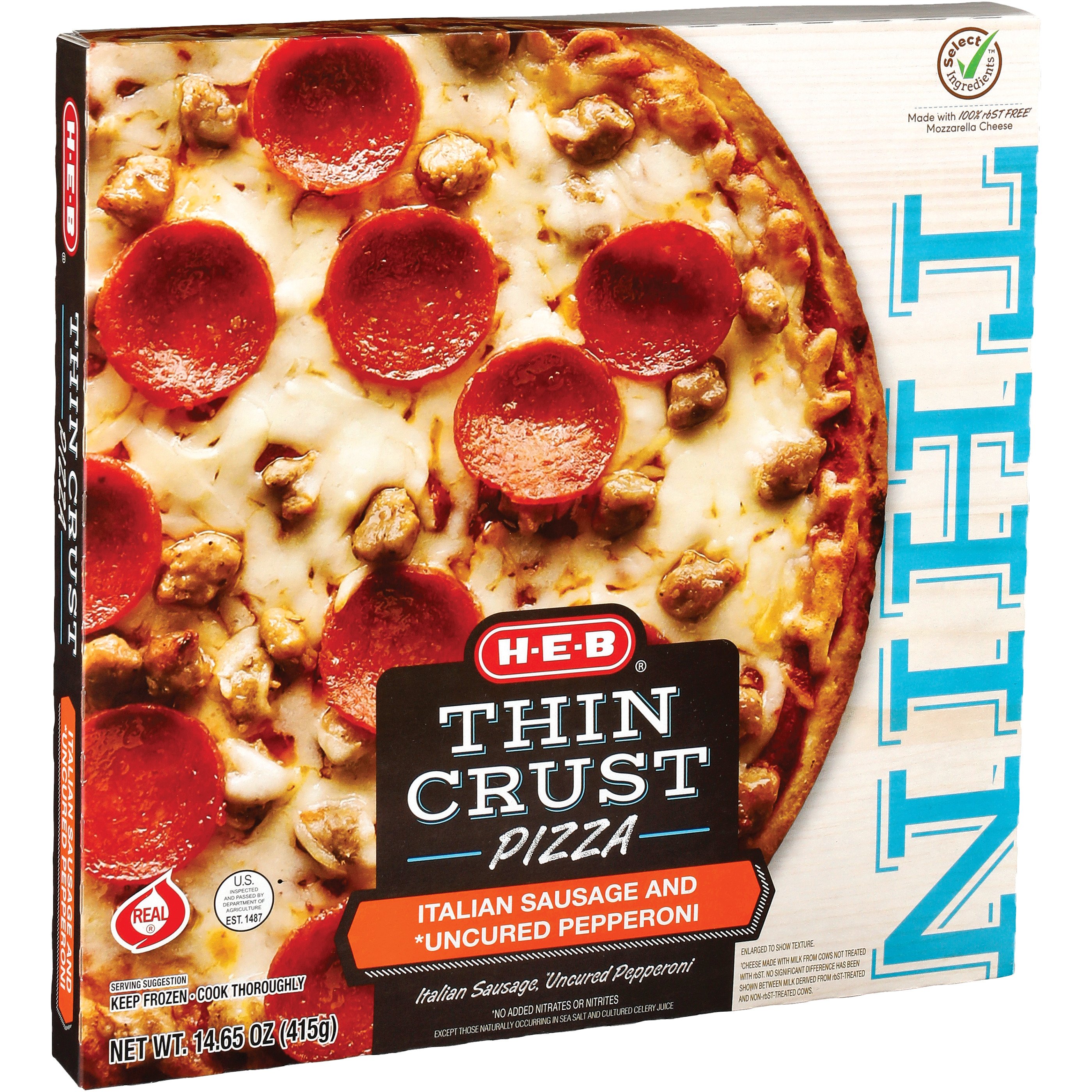 H E B Select Ingredients Thin Crust Uncured Pepperoni And Sausage Pizza